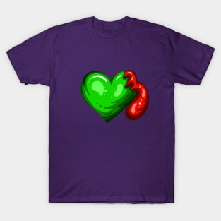 Green Dead Zombie Heart Cartoon Illustration with Blood and for Valentines Day or Halloween T-Shirt